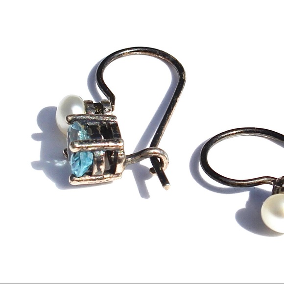 Vintage Pearl Blue Topaz Sterling Silver Earrings - Picture 4 of 6